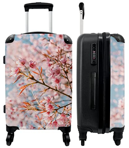 NoBoringSuitcases.com® Koffer groß Trolley Rollkoffer Reisekoffer mit 4 Rollen Fotokoffer - Sakura - Frühling - Blumen - Rosa - Botanisch - 67x43x25cm - 90 Liter