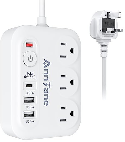 UK Travel Plug Adapter with USB C, 6FT Extension Cord, US to UK Ireland Plug Adapter Type G Travel Adapter with 3 Outlets 3 USB Ports for Scotland London England British Irish Kenya Dubai Travel