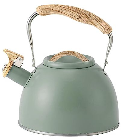 Uposao Bouilloire Sifflante Induction 3L INOX Théières avec Sifflet D'Avertissement Théière Design Vintage avec Poignée Bois pour Cuisinière, Bouilloire Gaz, sans BPA, pour Thé, Café, Vert Clair