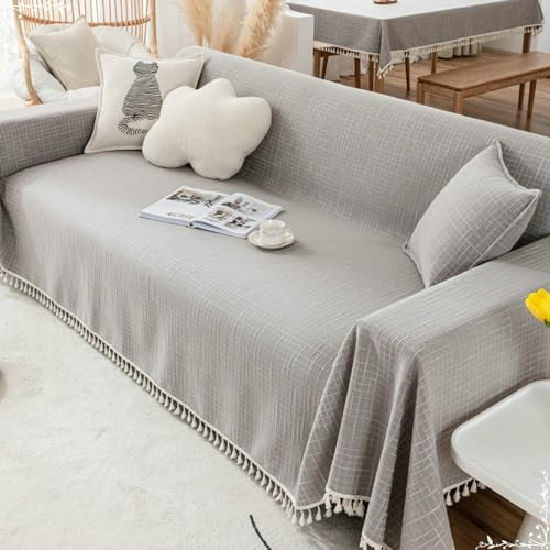 Ayoiow Sofaüberwurf Set Sofahusse Grau Sofahusse 1Sitzer Leinen Baumwolle Gitter Mit Quasten