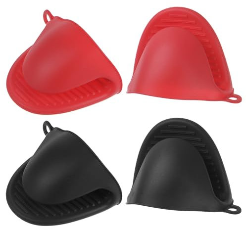 sourcing map 4pcs Mini Silicone Oven Mitts 110x85x70mm Small Heat Resistant Rubber Air Fryer Gloves for Kitchen Cooking and Baking, Red Black