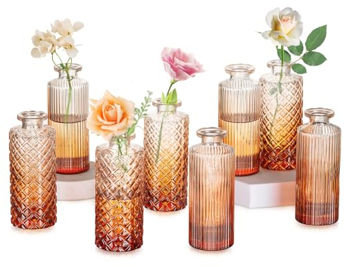 Glasseam Kleine Glasvasen für Tischdeko, Vintage Mini Vasen Deko, Kristall Flower Vase Klein Braune 8 Stück Blumenvase Set, Schmal Blumenvasen aus Glas für Hochzeit Tafelaufsätze Wohnzimmer Dekor