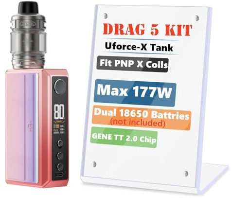 VOO'POO Drag 5 Kit 177 W Uforce X Atomizador 5,5 ml Bobina PNP X 0,15/0,3ohm Baterías Dual 18650 (Baterías no incluidas) Cigarrillo Electrónico Vape Original (sakura rosa) - No Nicotine