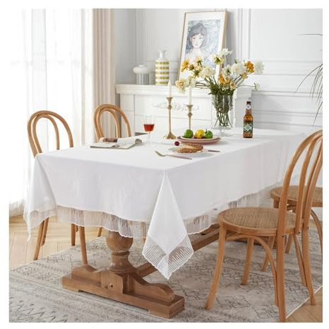 Tischdecke Abwaschbar Weiß, Baumwollspitze Tischdecke Einfarbig Mit Spitze Tischtuch Rechteck 140x180CM