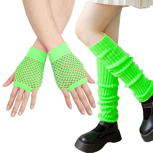 CWENDANER Elastische Neon Beinstulpen und Netzhandschuhe, Leg Warmers, 80er 90er Jahre Kostüm Zubehör, Cosplay Kostüm Zubehör Disco Party Karneval Zubehör