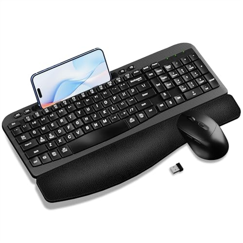 Wireless Keyboard and Mouse Combo, 2.4G Quiet Keyboard Mouse Set, Ergonomic Keyboard with Cushioned Wrist, Wave Keys, Phone Tablet Holder, Natural Typing for Windows, Mac, Laptop, PC (Black)