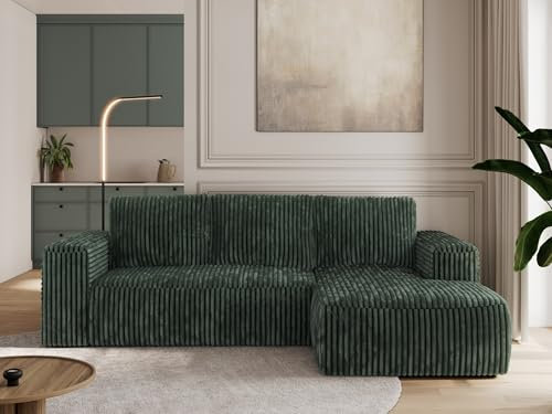 MKS MEBLE Sofa mit Schlaffunktion - Ecksofa mit Schlaffunktion und Bettkasten - Sofa 3 Sitzer - Schlafsofa - Couch - Schlafsofa mit Bettkasten - Trentino L - Grün Cord - Rechts