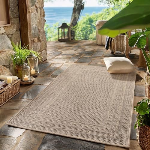 SIMPEX Outdoor Teppich Wetterfest Beige 80x150 cm Läufer, UV-beständig, ideal für Küche, Balkon, Terrasse auch Wohnzimmer und Esszimmer, Einfarbiges Design mit Bordüre, Pfelgeleicht