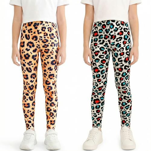 FILOWA Leggings Mädchen 2-Pack High Waist Elastisch Hosen, Gr.116-164 | Bunte Gedruckt, Kinder Dünn Legging, Weich Stretch Länge Hose, Lässige Schule Turnhose, Frühling Herbst Sporthose Teenager