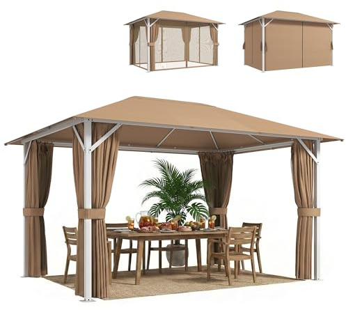 Outsunny Tonnelle de Jardin 3x4m avec Structure Stable en Métal 60mm - Pavillon Protection UV50+ et 10 Trous de Drainage - Barnum de Réception avec Rideaux et Moustiquaire pour Terrasse, Khaki