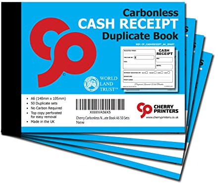 Cherry Printers | Carbonless Cash Receipt Book 2pt A6 | Duplicate NCR Receipt Book | 50 Duplicate Sets | No Carbon Required (NCR) | Perforated Tear Out Receipts | Small Business Receipt Pad **4 Pack**