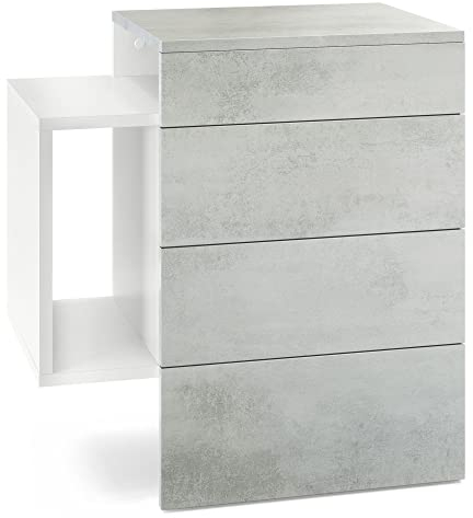 Vladon Nachttisch Queens, Made in Germany, Nachttischschrank mit 2 Schubladen und 1 seitlichem Fach zur Wandmontage, Weiß matt/Beton Oxid-Optik (60 x 63 x 36 cm)