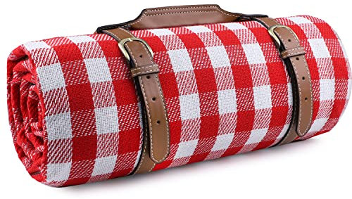 RealPero Extra große Picknickdecke, wasserdicht, Campingmatte, Teppich mit PU-Träger, weich, leicht, tragbar, Outdoor-Matte für Reisen, Rasen, Camping auf Gras, sanddicht, Strand, rot/weiß kariert