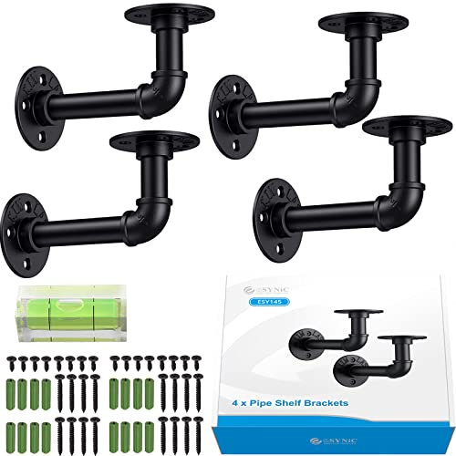 eSynic Pipe Shelf Brackets Black 4Packs Industrial Pipe Bracket for Shelves Heavy Duty Industrial Shelf Bracket with Mount Accessories Scaffold Board Shelf Brackets with a Mini Bubble Spirit Level