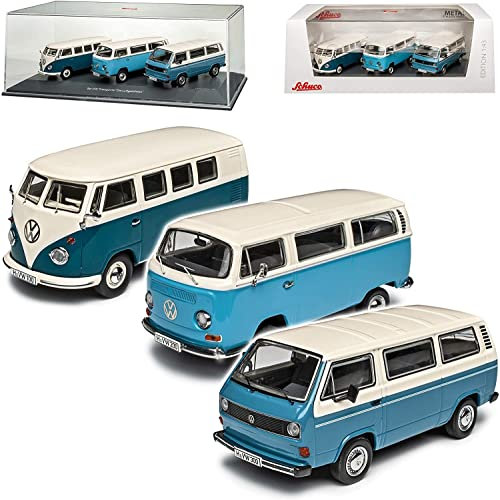 Schuco 450374400 3-er Set Transporter, enthält VW T1, T2 und T3, Modellauto, Maßstab 1:43, blau/Creme