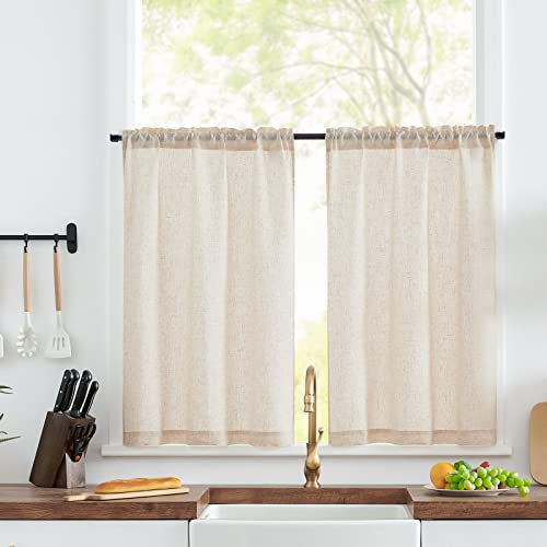 TOPICK Scheibengardinen Küche Beige Leinen Bistrogardine mit Tunnelzug Küchengardinen für Balkontür Wohnwagen Landhausstil Bauernhaus Gardinen Kurz Halbtransparente 2er Set 65Bx90Hcm