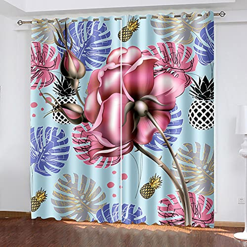 MTBDyyds Verdunkelungsvorhänge 3D Drucken 280X260Cm Bunt Blätter Blumen Verdunklungsvorhänge Kinderzimmer 2 Stück Vorhang Blickdicht Ösenschal Kindergardinen Junge Verdunklungsgardine