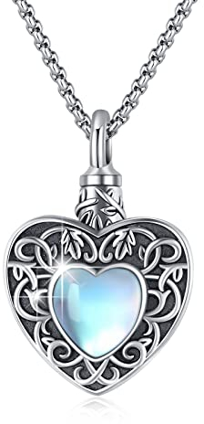 Collares de urna de corazón, piedra lunar conmemorativa de cremación para cenizas, plata de ley 925, urna de árbol de la vida, collar con colgante de recuerdo para cenizas, collar para mamá, papá