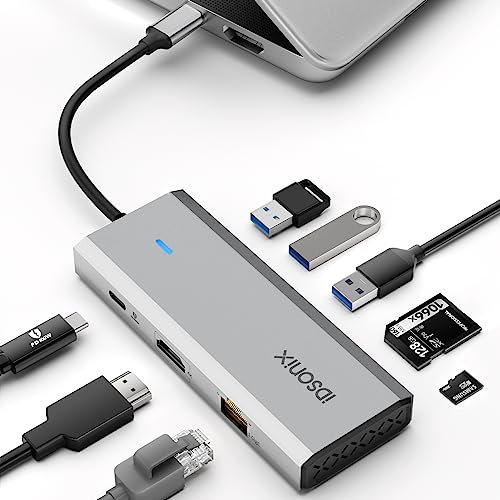 USB C Hub, iDsonix 8 in 1 USB C Hub Aluminium Multiport Adapter, USB C Docking Station mit HDMI 4K@60Hz, PD 100W, 1Gigabit Ethernet, SD/TF Kartenleser für MacBook Air/Pro iPad Dell/Hp Laptop Silber
