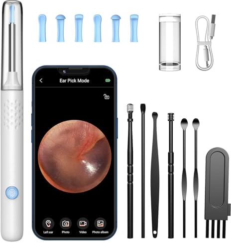 LMECHN Otoscope Oreille avec caméra 1080P HD 3,5 mm étanche Nettoyage Oreille avec 6 Lumières LED 7 Pièces Kit Nettoyage Oreille Compatible iOS et Android(Blanc)