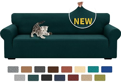 XINEAGE Sofabezug 4 Sitzer, High Stretch Sofaüberwurf für Wohnzimmer, Moderne Sofaüberzug, Jacquard Sofa überzug für Hunde, Haustiere, Rutschfester Sofa Cover (4 Sitzer, Dunkelgrün)
