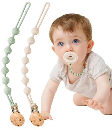 BebeCalin Catenella Portaciuccio in Silicone - Confezione da 2 Catenella Ciuccio Clips, per Bambini, Ragazzi e Ragazze, per Mantenere il Ciuccio Pulito, Morbido e Flessibile (Verde+Bianco)