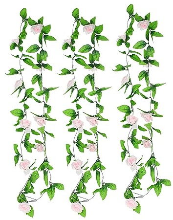 SKYPRO 3PCS Rose Vine Greenery Leaves Garland Artificial Flowers Plants for Hotel Wedding Home Party Garden Craft Art Decor (Light Pink)