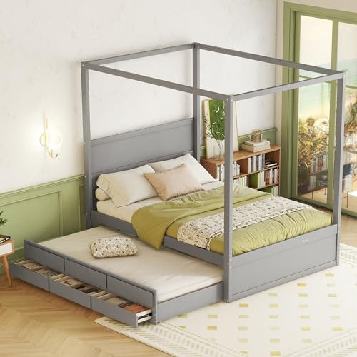 Moimhear Holzbett 140 x 200cm Himmelbett, Pritsche mit ausziehbarem Einzelbett und DREI Ablagefächern (Grau)
