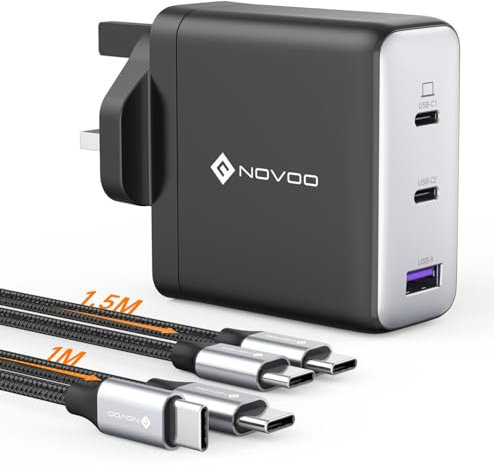 NOVOO USB C Charger, MacBook Pro/Air Charger, 3-Port 120W GaN Fast Charger, PD3.0, PPS, USB Plug UK, USB-C Laptop Charger for MacBook Pro, MacBook Air, iPhone 16/15, Galaxy S24/S23, iPad, Laptops
