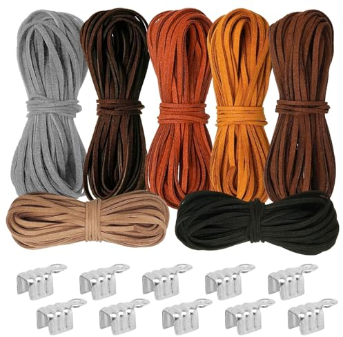 Lot de 7 cordons en cuir plat pour bracelet, collier, cordon en daim synthétique avec 100 extrémités pour pendentifs, bracelets, colliers, bricolage - 5 m x 3 mm 