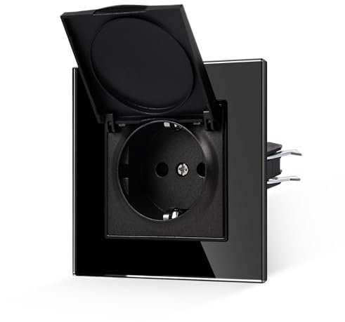 JIMEIDA Steckdose Glas Schwarz Mit Wasserdichter Abdeckung Mit Haken 16 Amp Schuko Steckdose Gehärteter Glasscheibe Wandsteckdose 86 * 86mm