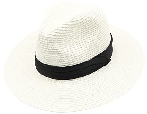 SDKZBFC Womens Beach Sun Wide Brim Straw Hat UPF50+ Panama Summer Beach Sun Hat for Unisex White