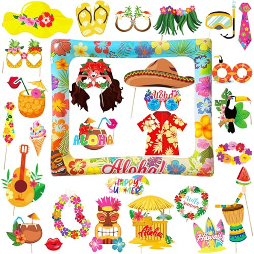 31 Stück Hawaii Foto Requisiten Set,Hawaii Foto Booth Requisiten Und Aloha Aufblasbarer Fotorahmen,Sommer DIY Fotobox Accessoires,Sommer Fotorahmen Selfie für Aloha Sommer Strand Party Deko