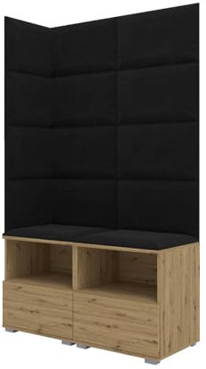 RAVIO Garderoben-Set NELA V mit Gepolstertes Wandpaneele, 100cm Flurgarderobe, Zwei Schuhschränke mit Push-to-Open-System (Artisan Eiche + Schwarz (Trinity 16))