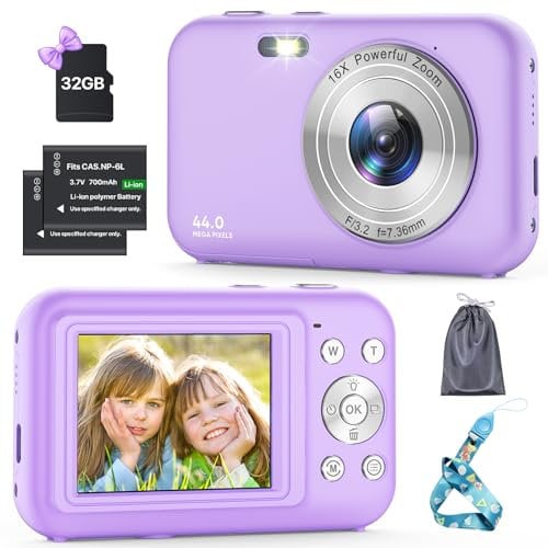 Fotocamera Digitale Compatta con scheda da 32GB, 1080P 44MP Macchina Fotografica Digitale con Zoom Digitale 16X Flash e 2 Batterie, Ricaricabile Fotocamera per Bambini, Adulti, Principianti (Viola)