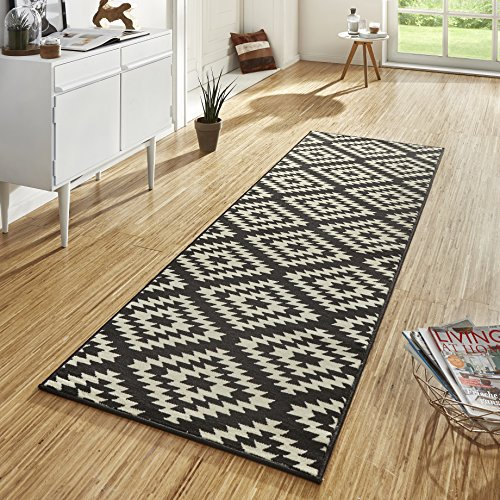 Hanse Home Teppich Läufer Nordic 80x250cm – Teppichläufer Weicher Kurzflor Teppich Modern Raute Design Läufer für Flur, Schlafzimmer, Kinderzimmer, Badezimmer, Wohnzimmer, Küche Dekoläufer – Schwarz
