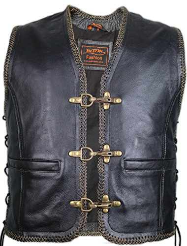 MDM Lederweste mit Messing Schnallen im Vintage Stil, Herren, schwarz mit braun (Gr. S)
