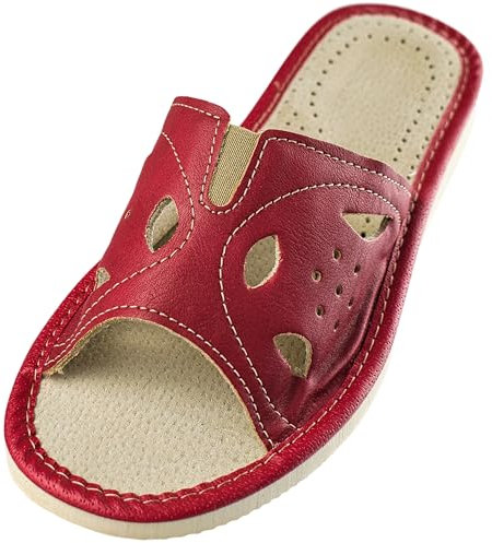 APREGGIO - Pantofole Estive da Donna in Pelle Liscia - Ciabatte Leggere con Zeppa - Pantofole aperte - Prodotto 100% Naturale - Ideali per Casa - Rosso - Taglia 39 EU