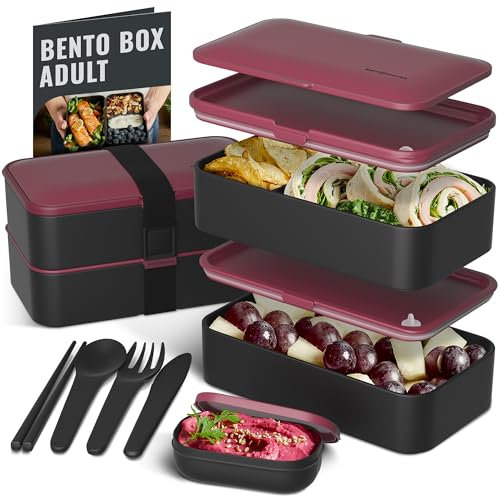 Bentoheaven Premium Bento Box Erwachsene Lunchbox mit 2 Fächern (40oz), Besteck & Set Essstäbchen, großer Dip-Behälter, süße schwarze japanische Bento-Box, rechteckig, mikrowellengeeignet (Very Berry)