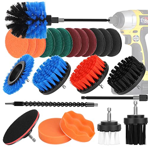 Bürstenaufsatz Bohrmaschine, 24 Stück Bürste Akkuschrauber Reinigungsbürste Power Scrubber Drill Brush Attachment mit Polierschwamm Polierpad für für Auto Felgen Küche Badewanne Fliesen Teppich Grill