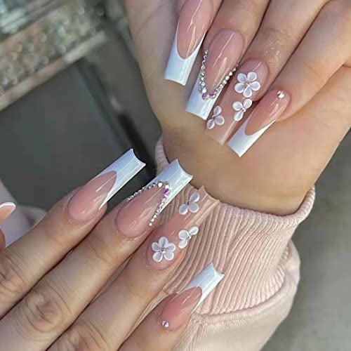 French White Press sur les ongles - 24 Pièces Fleur Faux Ongles Long Cercueil Faux Ongles avec Strass Designs Coller sur les Ongles pour Femmes Filles Salon de Fête