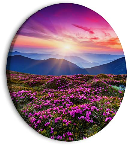 murando - runde Bilder Landschaft Fuchsia 80x80 cm Leinwandbild 1 tlg Kunstdruck modern Wandbilder XXL Wanddekoration Design Wand Bild Wiese Gebirge Natur Sonnenaufgang c-B-10005-bc-a