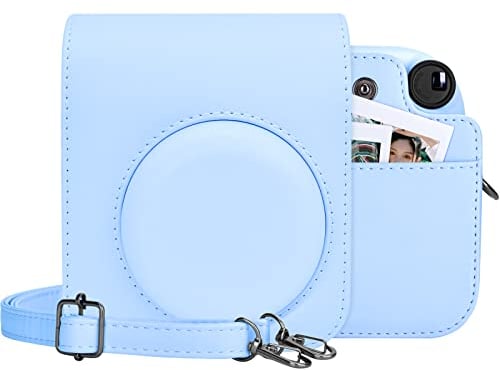 MUZIRI KINOKOO Tasche für Instax Mini 12 Sofortbildkamera, PU Leder Schutzhülle mit Fototasche - Verstellbarer Schultergurt - Blau