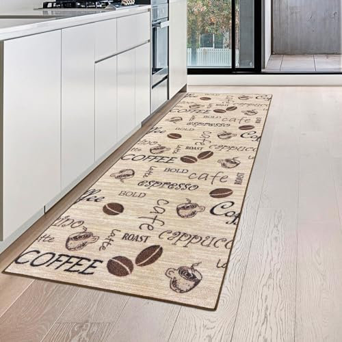Teppich-Traum Kaffee Küchenläufer beige mit Gelrücken und Schriftzug in braun, 67 x 180 cm