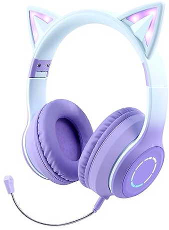 Sendowtek Cascos Inalámbricos para Niños, Diadema Auditiva con Micrófono y LED Luz Compatible con Móviles Tablets PCs, Auriculares Bluetooth Oreja de Gato para Niñas Chica y Adultos Viaje (Morado)