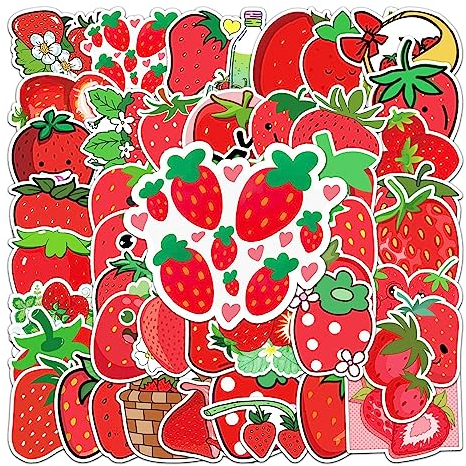 Erdbeeren Aufkleber 50 Stück Vinyl niedliche Obst Sticker für Wasserflaschen Scrapbook Fahrrad Laptop Gepäck Computer Auto Gitarre,Wasserdicht Kawaii Strawberry Aufkleber für Mädchen Kinder Teenager