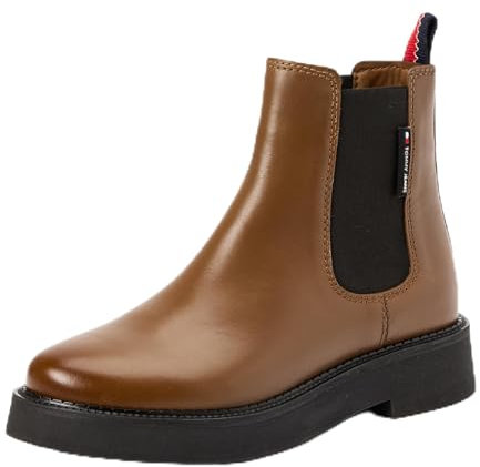 Tommy Jeans Donna Stivaletti Chelsea Flat Boot in Pelle, Marrone (Light Sepia Brown), 38