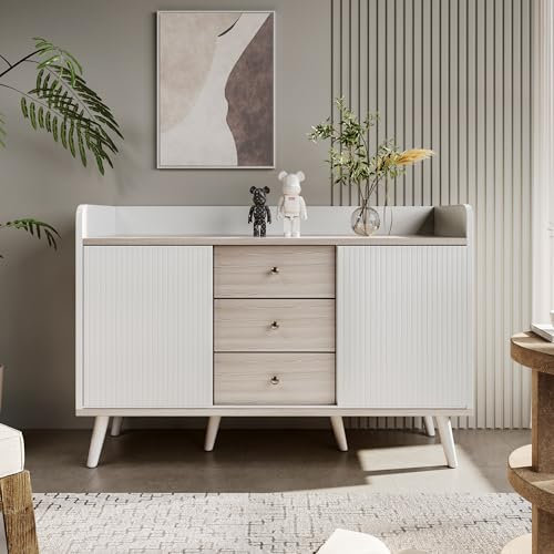 Becag Sideboard Kommode Weiß, Küchenschrank mit 2 Schiebetür und 3 Schubladen, Buffetschrank Cabinet Sideboard Wohnzimmer Küche mit HelleHolzfarbe Arbeitsplatte, L117/T40/H80 cm, Weiß