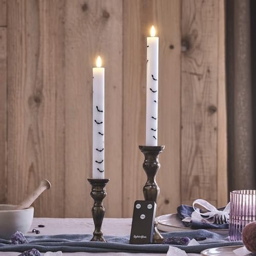 Lights4fun Set of 2 TruGlow® Flameless LED Taper Candles Halloween Party Decoration Black Bat Print Battery Operated with Timer and Remote Control Indoor Use
