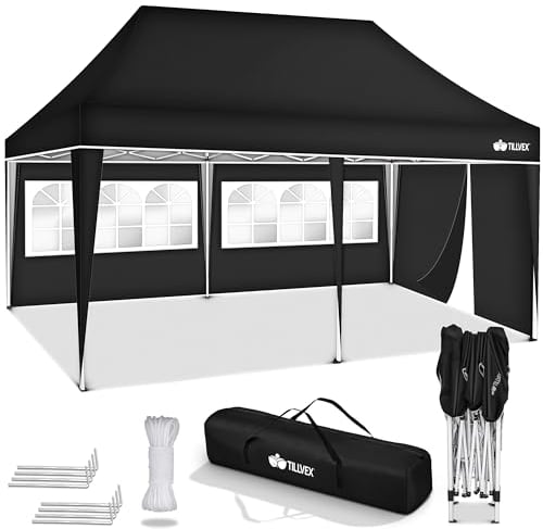 tillvex Pavillon 3x6m wasserdicht | Pop-Up Faltpavillon höhenverstellbar | Gartenzelt UV Schutz 50+ | Partyzelt mit Tasche für Garten (Schwarz - mit 3 Seitenteilen)